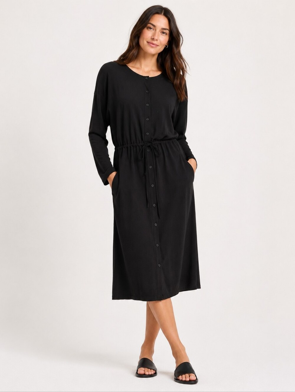 Eileen Fisher Black Drawstring Waist Button Front Dress – M